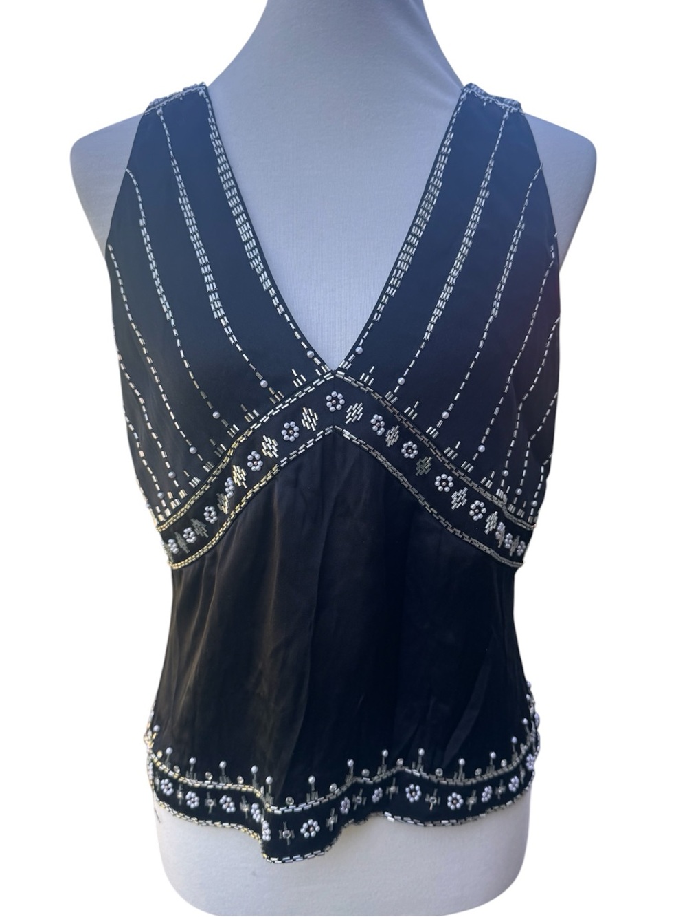 Vintage Y2K Style Talbots Black Silk Beaded Tank Top, Sz 10, Silver White Shiny